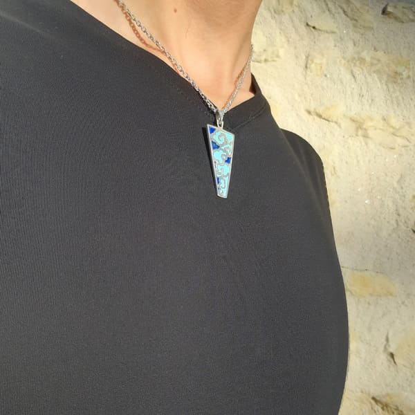 Grand Pendentif Artisanal Argent émaillé - Double Face - Motif Lune - Vintage